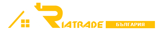 Brand logo for AR Trade Bulgaria with a stylized yellow and white 'AR' mark, a roofline graphic, and Bulgarian text.